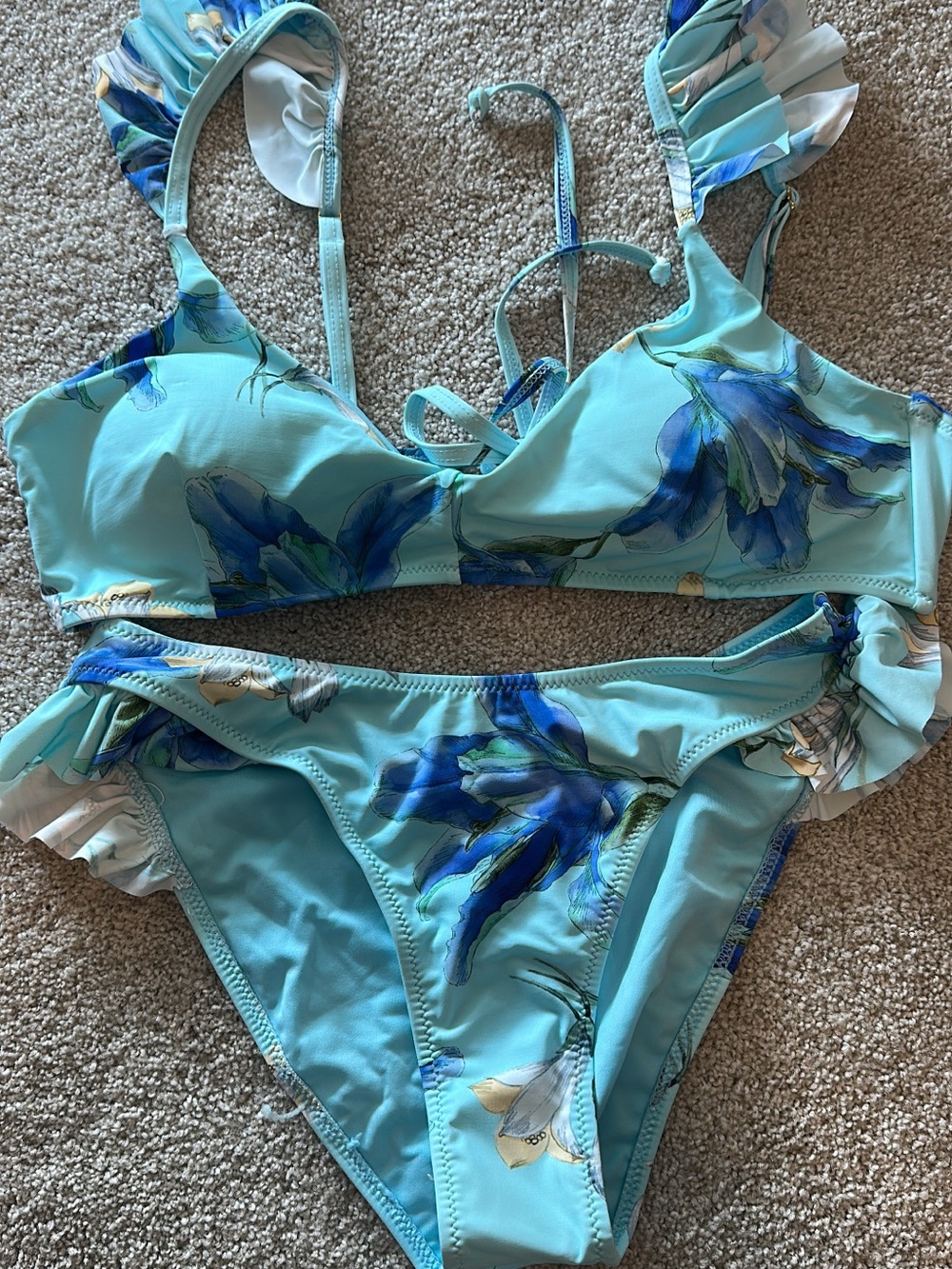 Impressions Aqua Blue Floral Ruffle Bikini Set